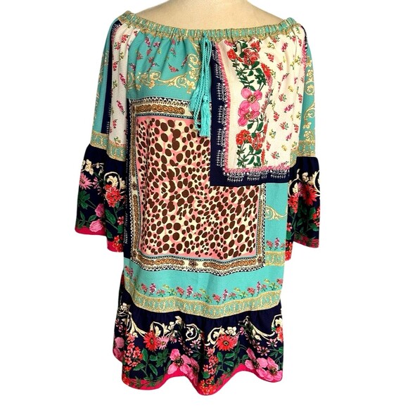 UMGEE Dresses & Skirts - Umgee Off the Shoulder Dress S  Boho Bell Sleeve Floral Animal Tassel Ruffle Hem